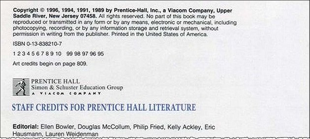 Copyright page for PRENTICE HALL LITERATURE, Bronze, Fourth Edition