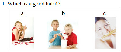 Numbered question followed by three lettered pictures of boys and girls eating