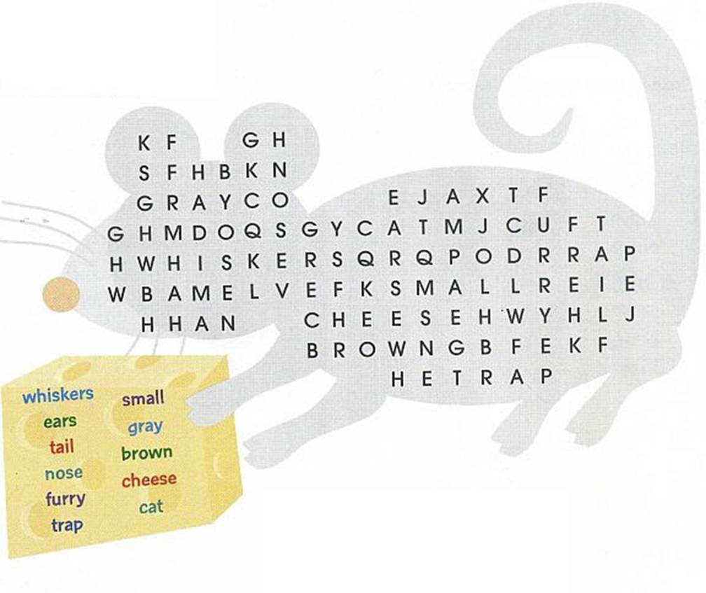 Letter coded puzzle in the shape of a mouse; two columns of words are on a picture of cheese