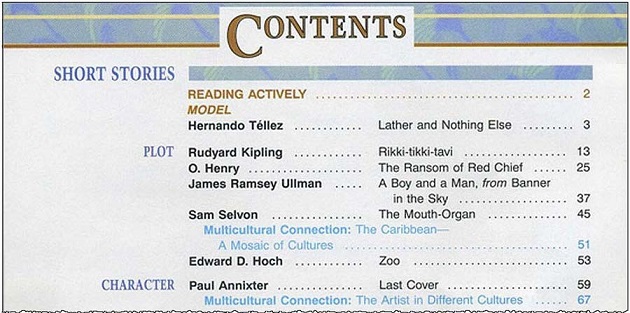 Table of contents page for PRENTICE HALL LITERATURE