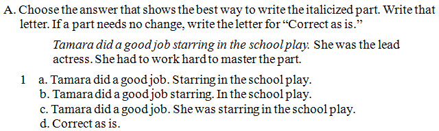 Lettered directions are followed by a displayed paragraph; the paragraph is followed by numbered/lettered answer choices