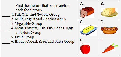 Directions followed by numbered items beginning with a write-on-line; lettered answer choices are pictures