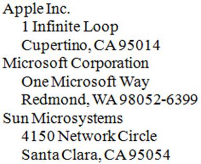 Three companies with addresses nested after the company name